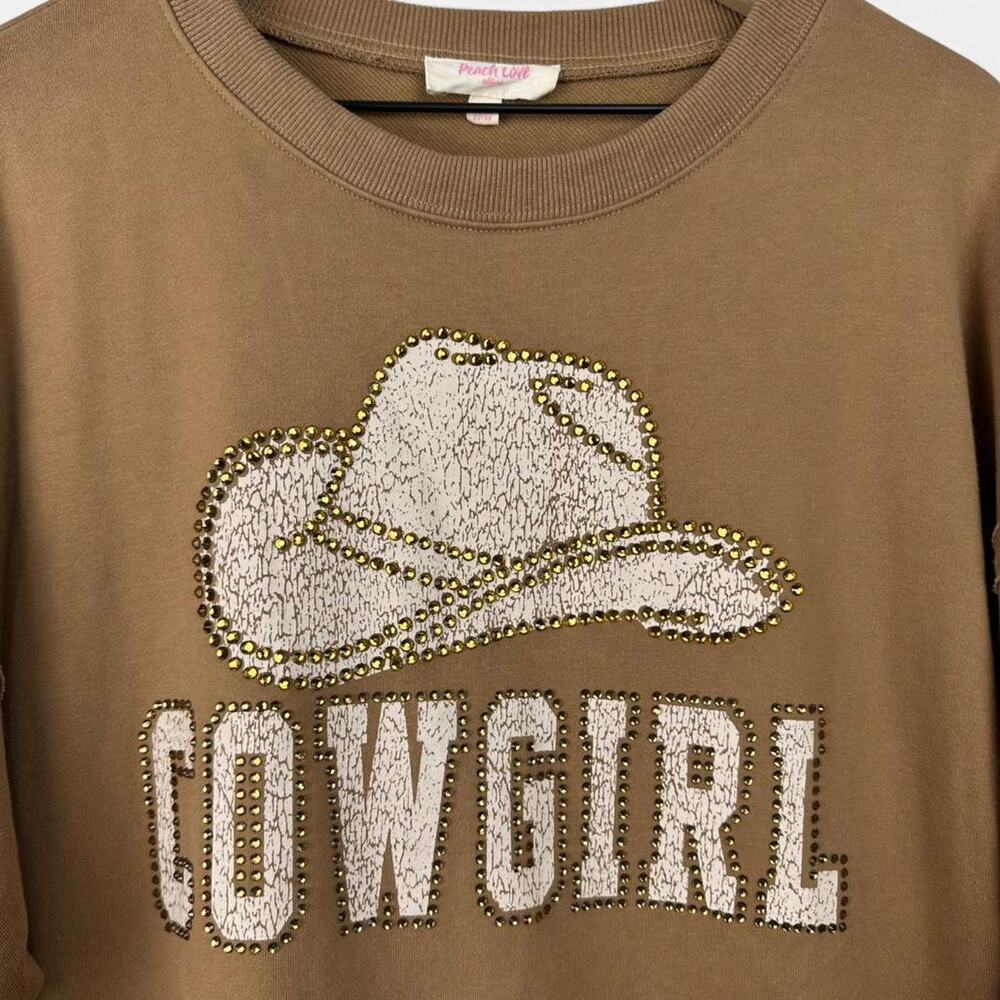 Cowgirl studded sweatshirt cozy tan sweatshirt - Picture 3 of 8